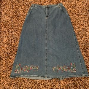 Vintage Denim Long Skirt Floral Beaded Embroidery 12